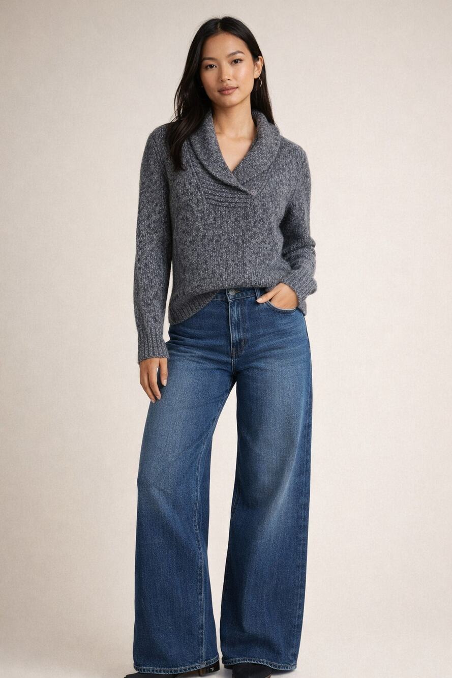 Womens VTG L.L. Bean Wool Blend Sweater Large Blue Shawl Collar Button Y2K